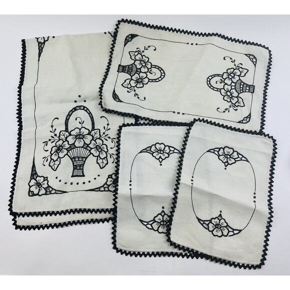 4 Pc Set Vintge Linen Table Runner Dresser Scarf Cutwork Floral Black Embroidery - Picture 1 of 16